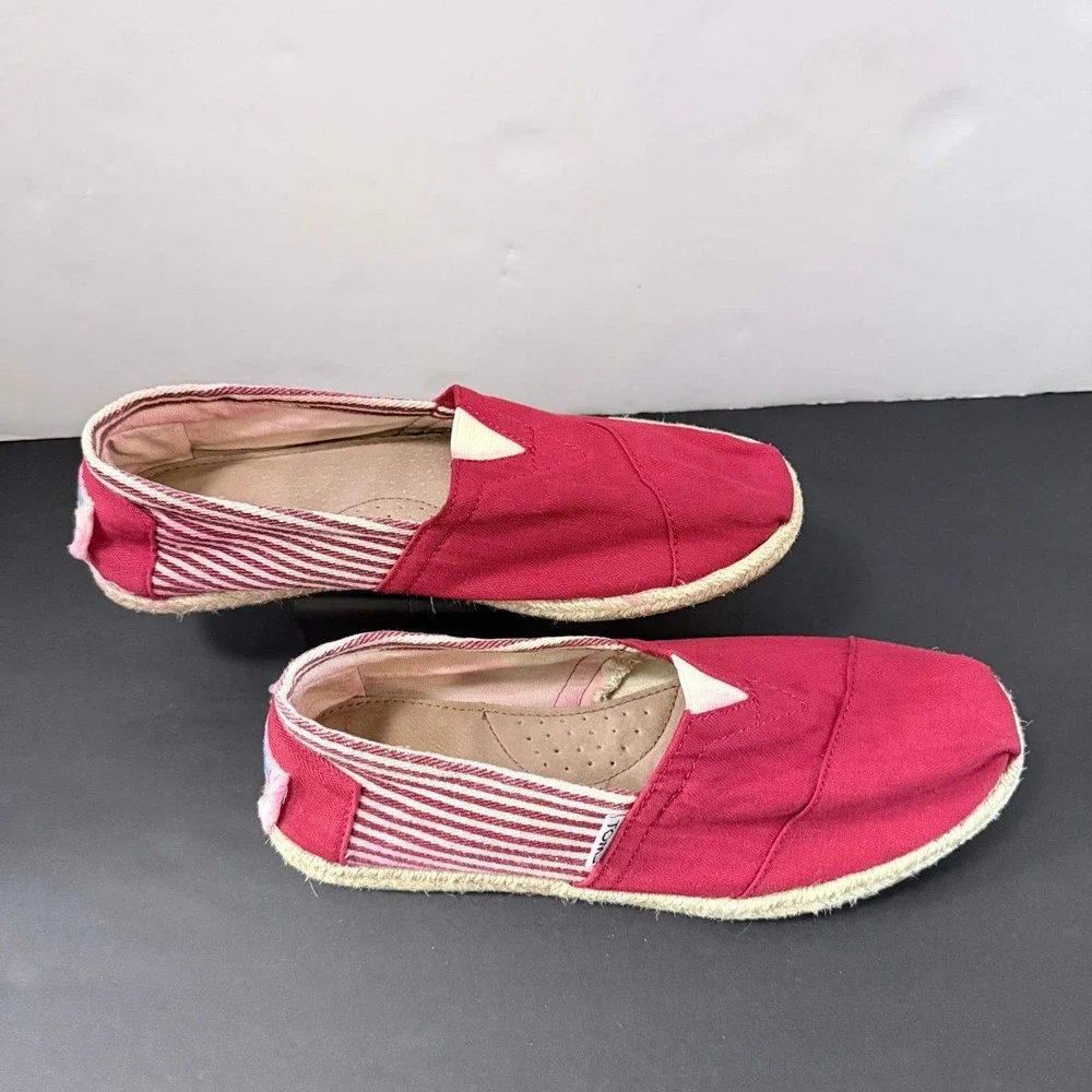 TOMS Red Herringbone Canvas Espadrille Alpargata Flats Striped Heel Womens 7.5